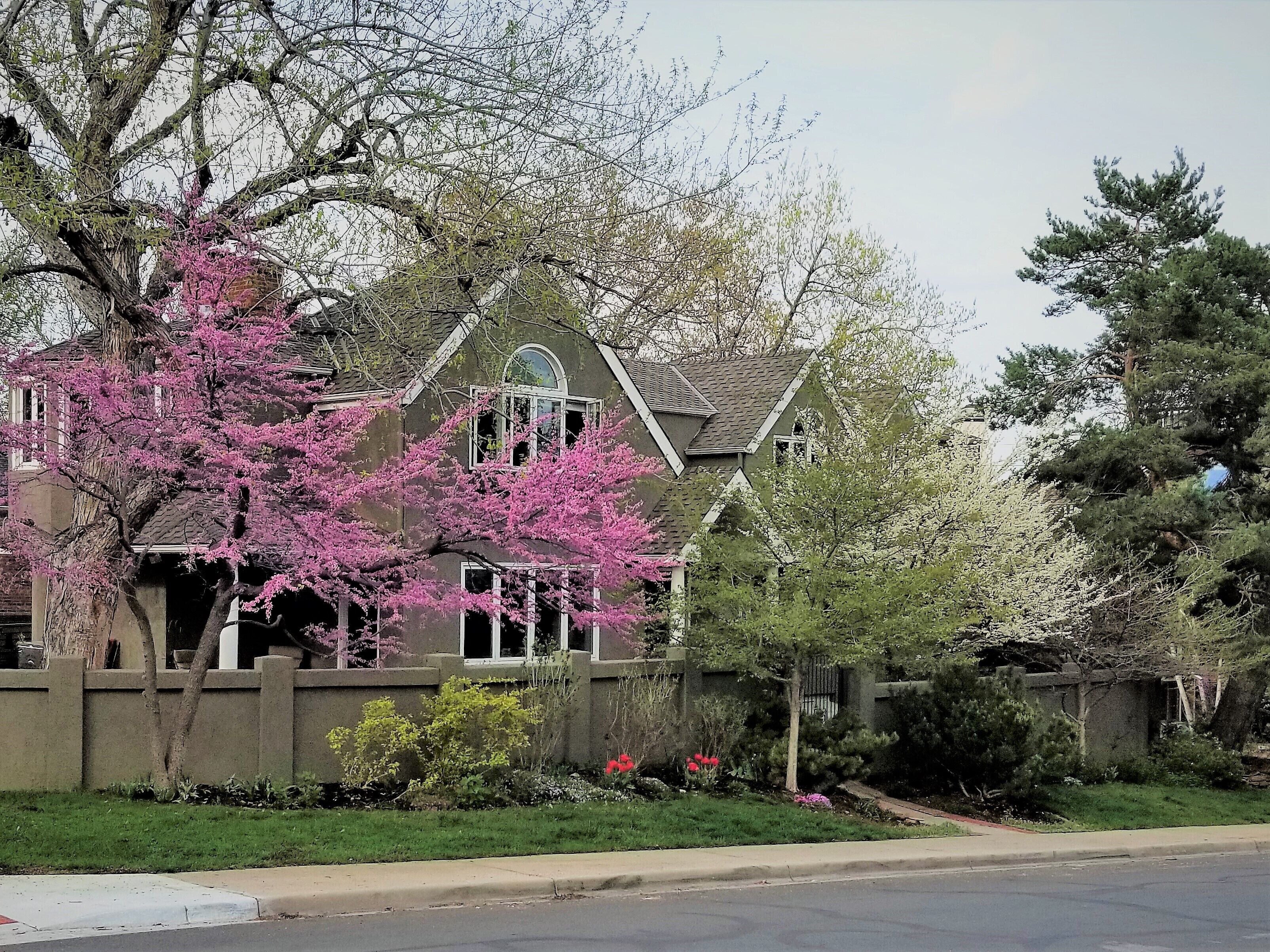A two-story house with a prominent front porch, a stone wall, and a variety of flowering plants.