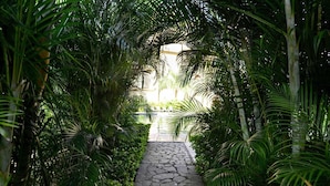 A stone pathway flanked by lush tropical foliage leading to a pool area.
