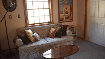 DVD player, books, music library, video library