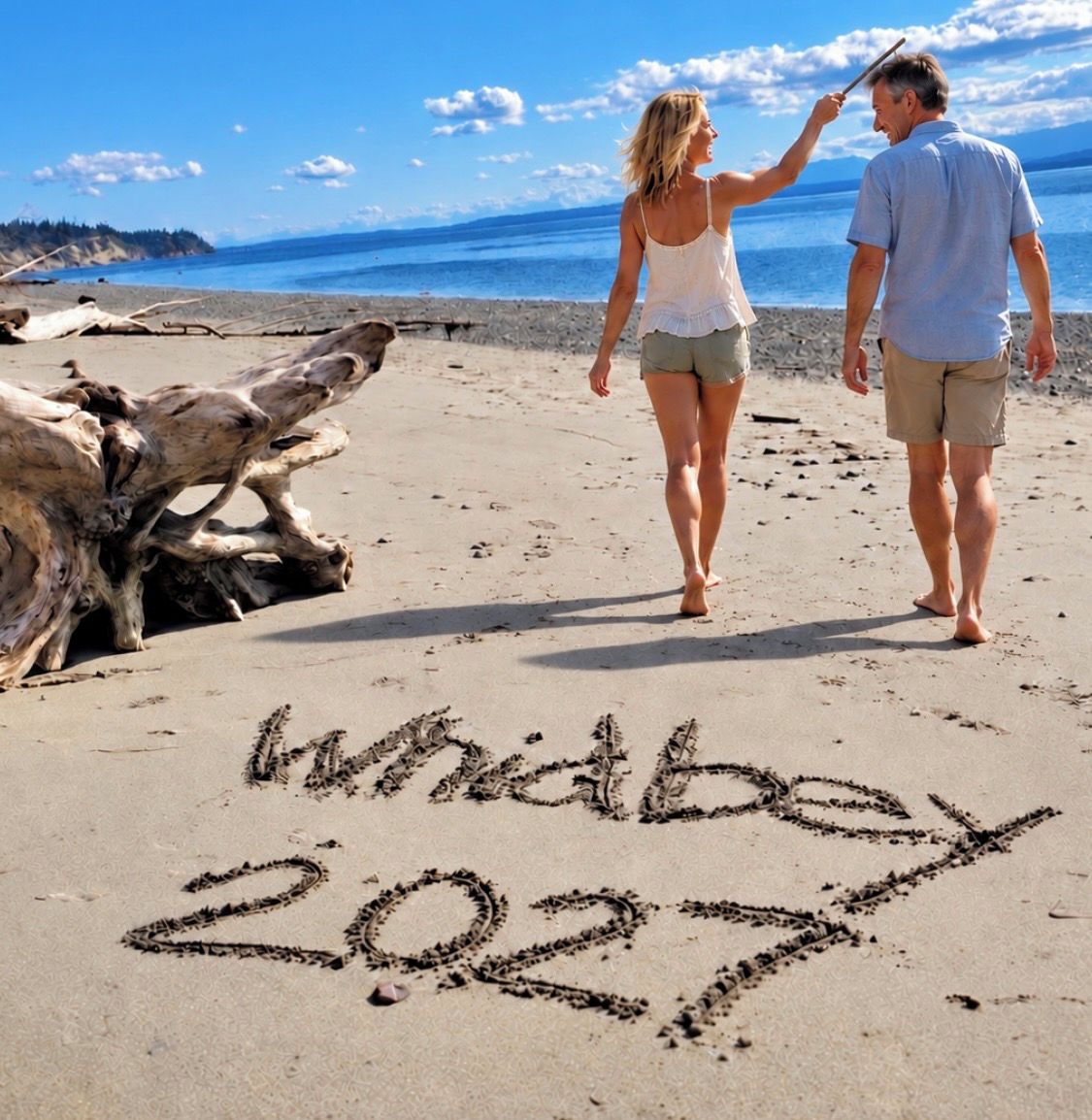 A couple walking on a beach with a large tree trunk and the words 'Whitby 2027' written in the sand.