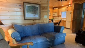 Un salón acogedor con un sofá azul, paredes de madera, un cuadro enmarcado y una cocina al fondo.