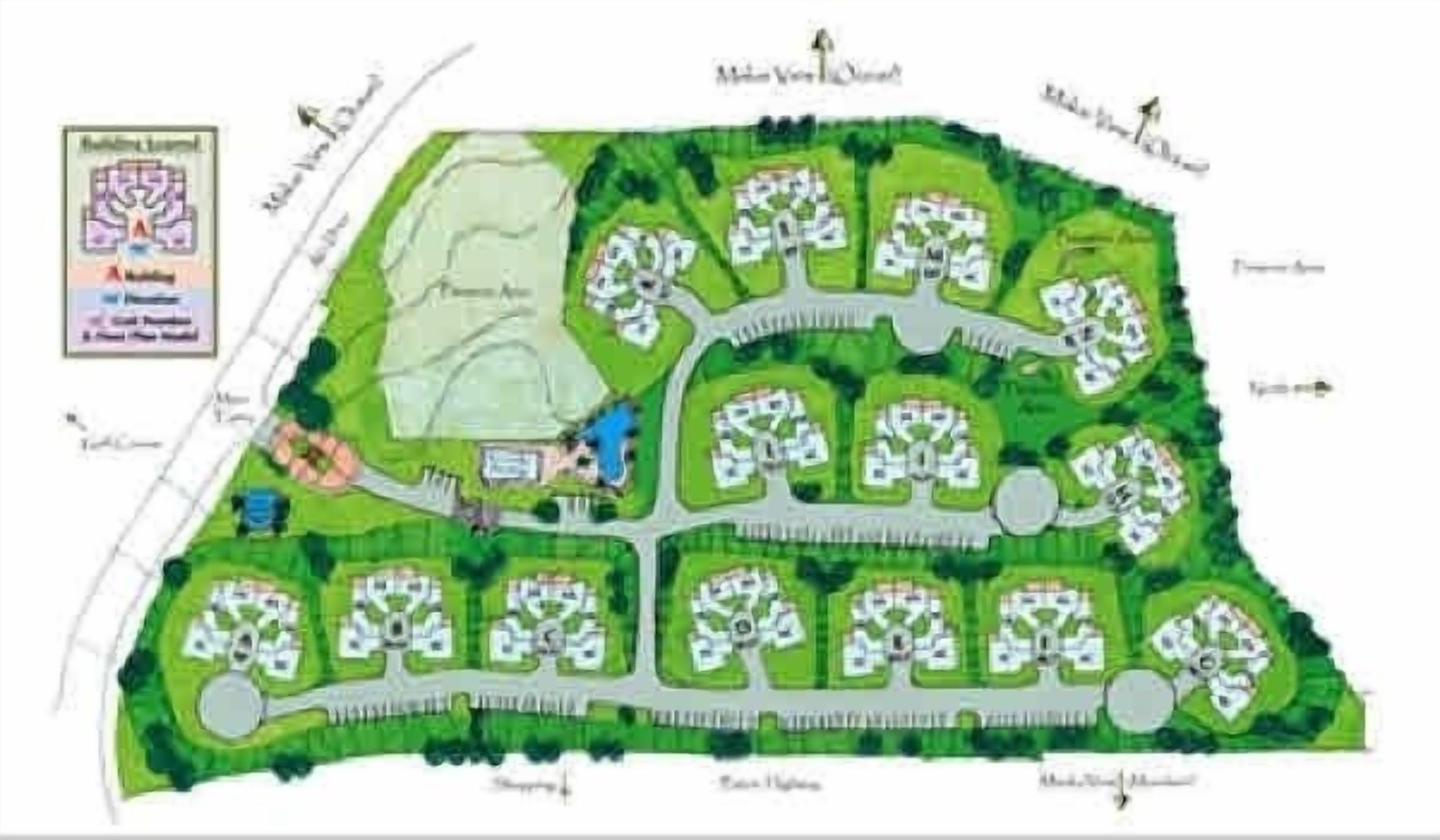A residential area with multiple houses arranged in a grid pattern, surrounded by green spaces and a central park.