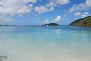 On the beach, sun-loungers, beach towels