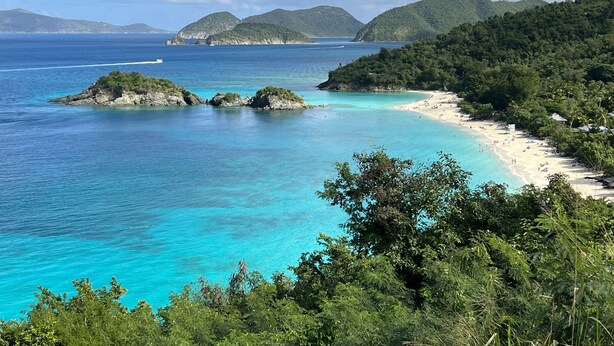 A coastal landscape with a beach, clear turquoise waters, and lush green hills. - "THREE PALMS"~ON beach, remodeled, private patio, generator, pool, quiet & clean (St. Thomas)