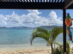 On the beach, sun-loungers, beach towels