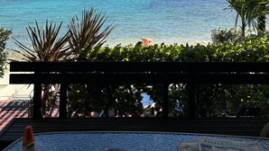 A view from a balcony overlooking a beach with clear blue water and distant mountains. - "THREE PALMS"~ON beach, remodeled, private patio, generator, pool, quiet & clean (St. Thomas)