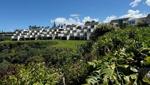 Un hotel moderno con techo plano y varios niveles, rodeado de exuberante vegetación y un cielo azul despejado.