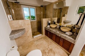 Shower, hair dryer, towels