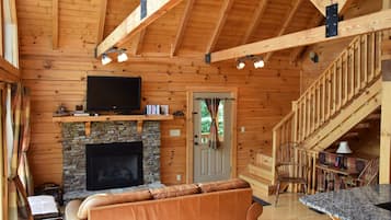 Een televisie, een open haard, een dvd-speler en een filmbibliotheek