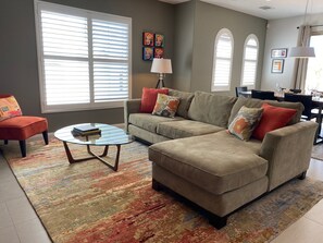 Smart TV, fireplace, DVD player, books