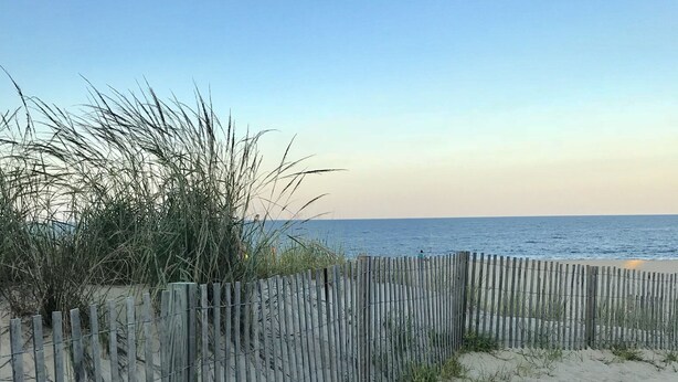 A sandy beach with a wooden fence and sparse vegetation. - Beautiful updated condo w modern decor, overlooking Fenwick lighthouse from deck (Ocean City)