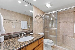 Shower, hair dryer, towels