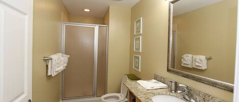 A bathroom with a shower, toilet, sink, and a large mirror.