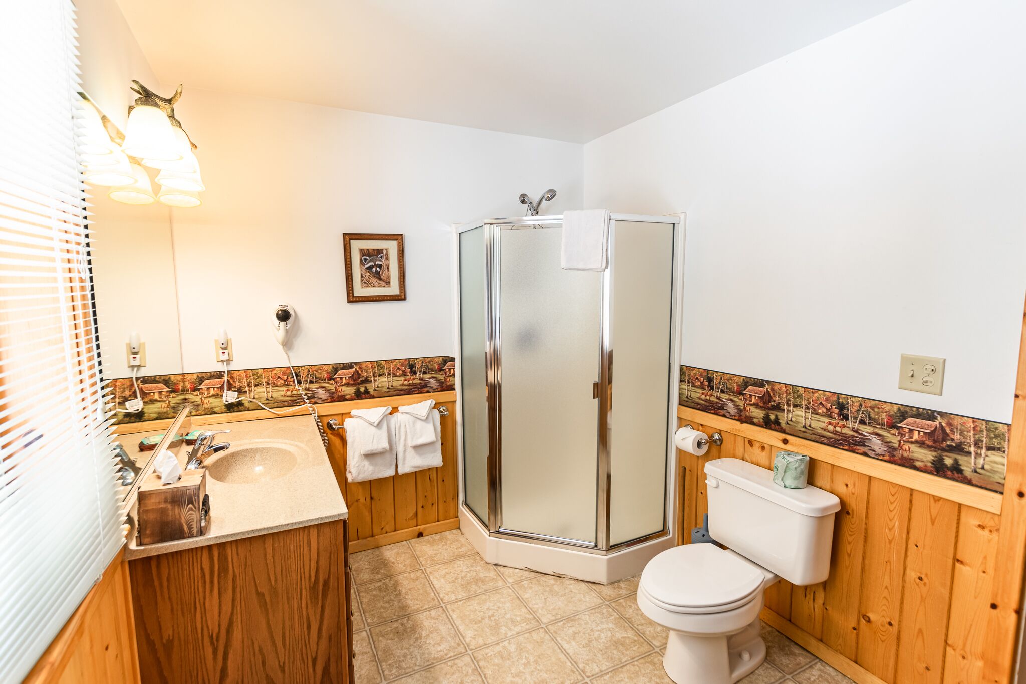 A bathroom with a wooden vanity, a glass shower enclosure, and a toilet.