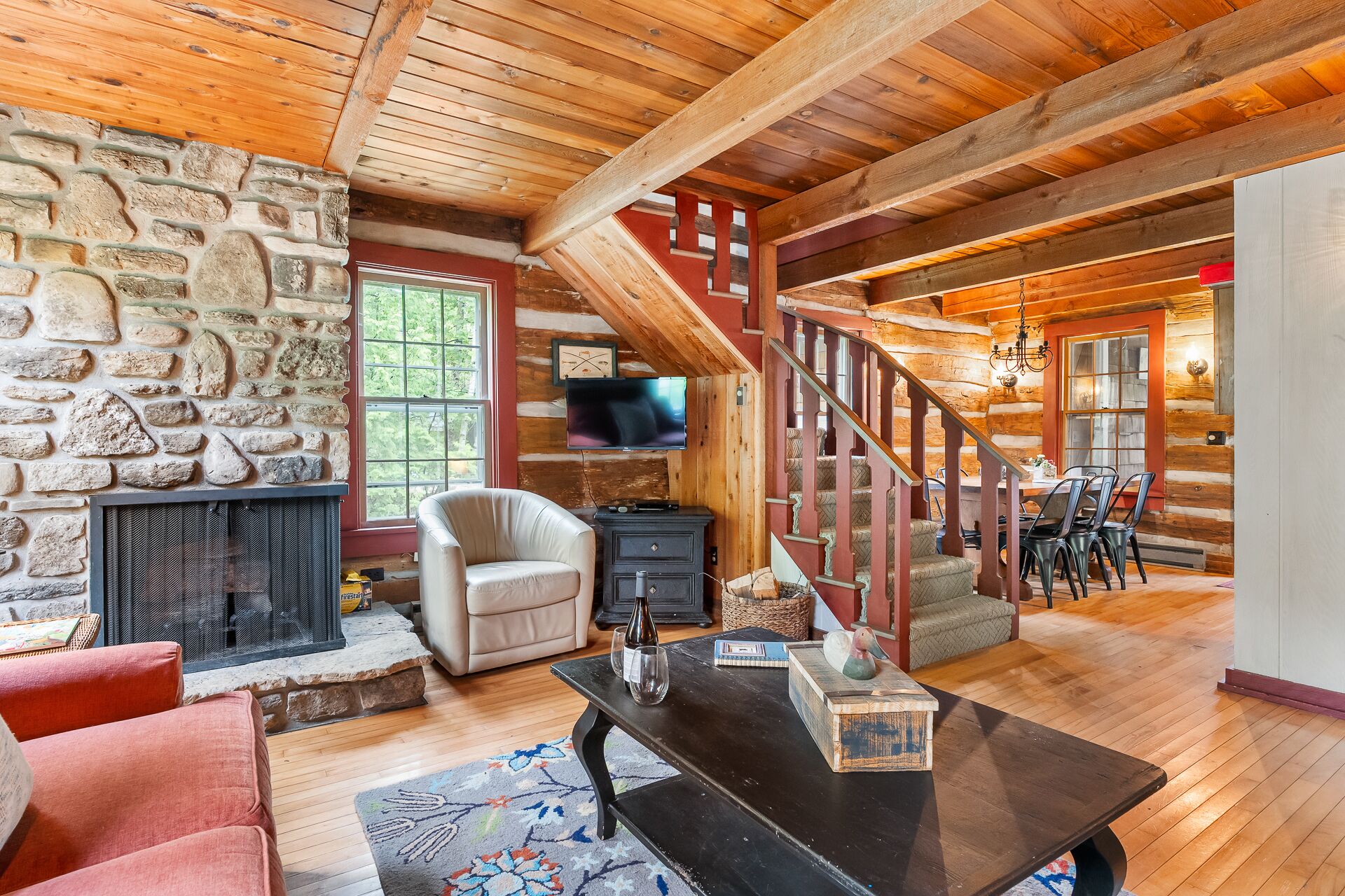 TV, fireplace, DVD player, books