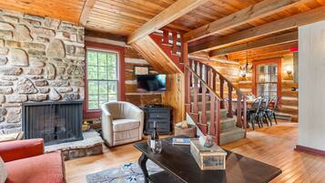 TV, fireplace, DVD player, books