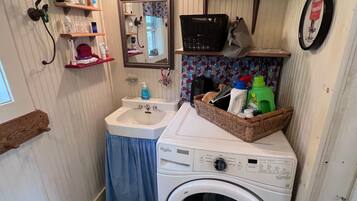 Hair dryer, towels, toilet paper