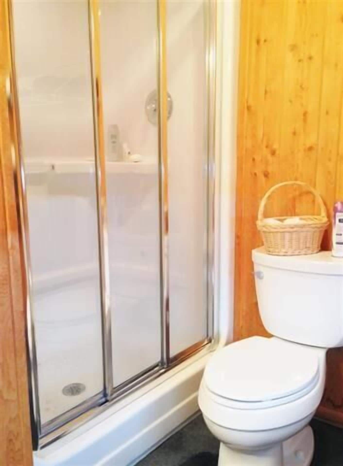 A bathroom with a glass-enclosed shower, a white toilet, and a wooden wall.