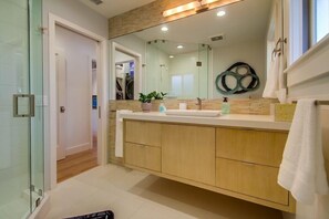 Shower, hair dryer, towels