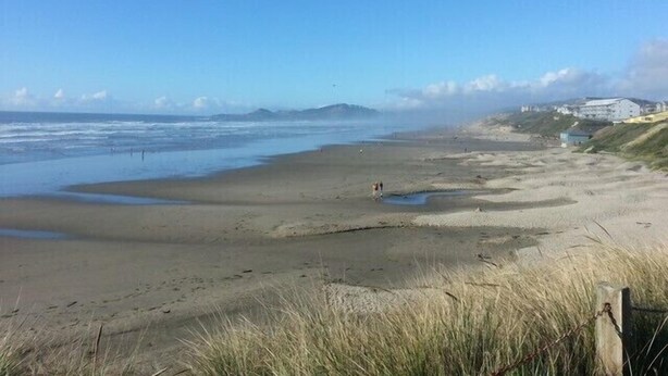 A coastal beach with a sandy shore, a few people, and buildings in the background. - Three Bedroom / Two Bath Beach House In The Heart Of Nye Beach (Newport)
