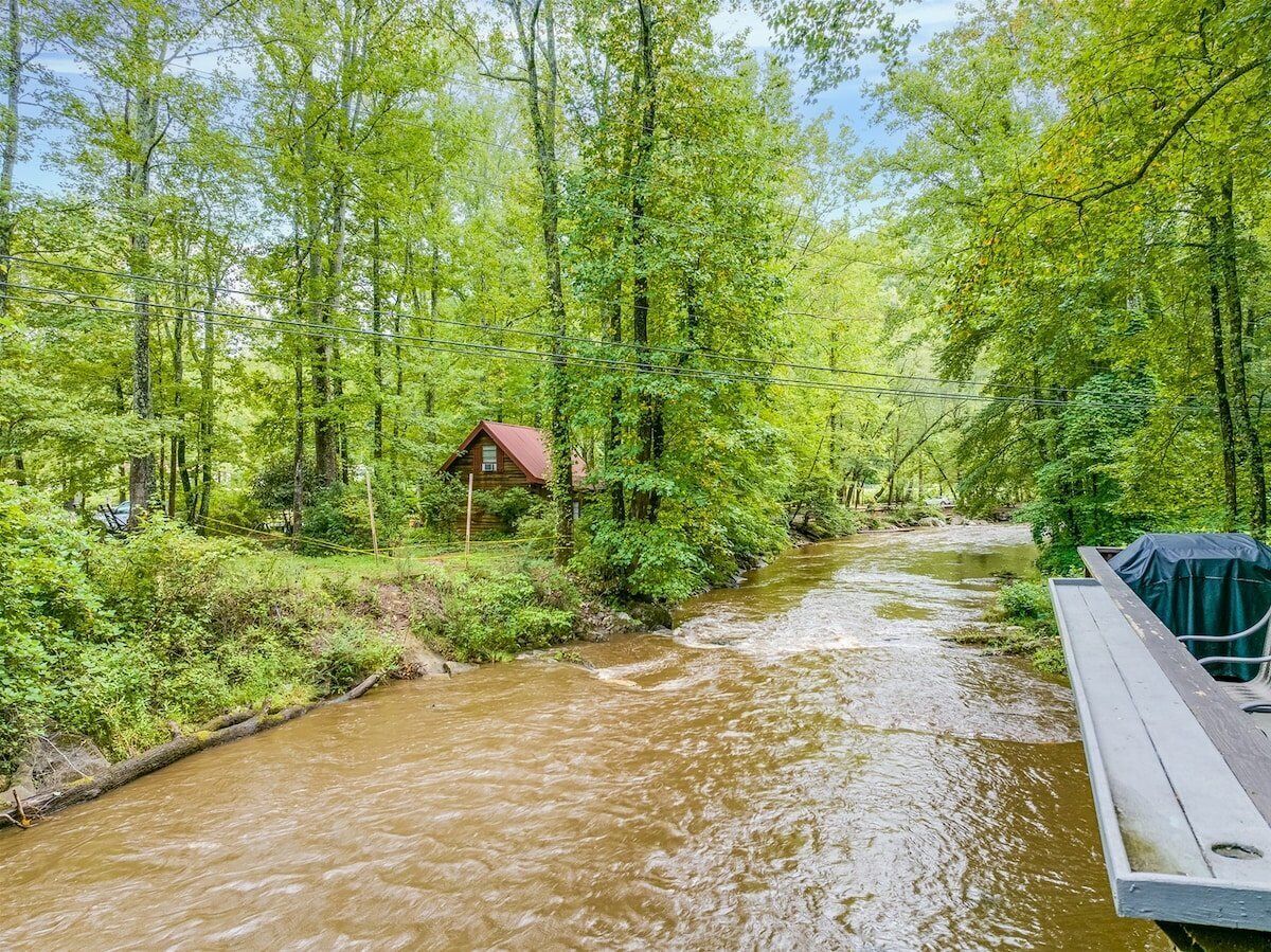 A river with a wooden dock, surrounded by dense greenery and a small cabin.
