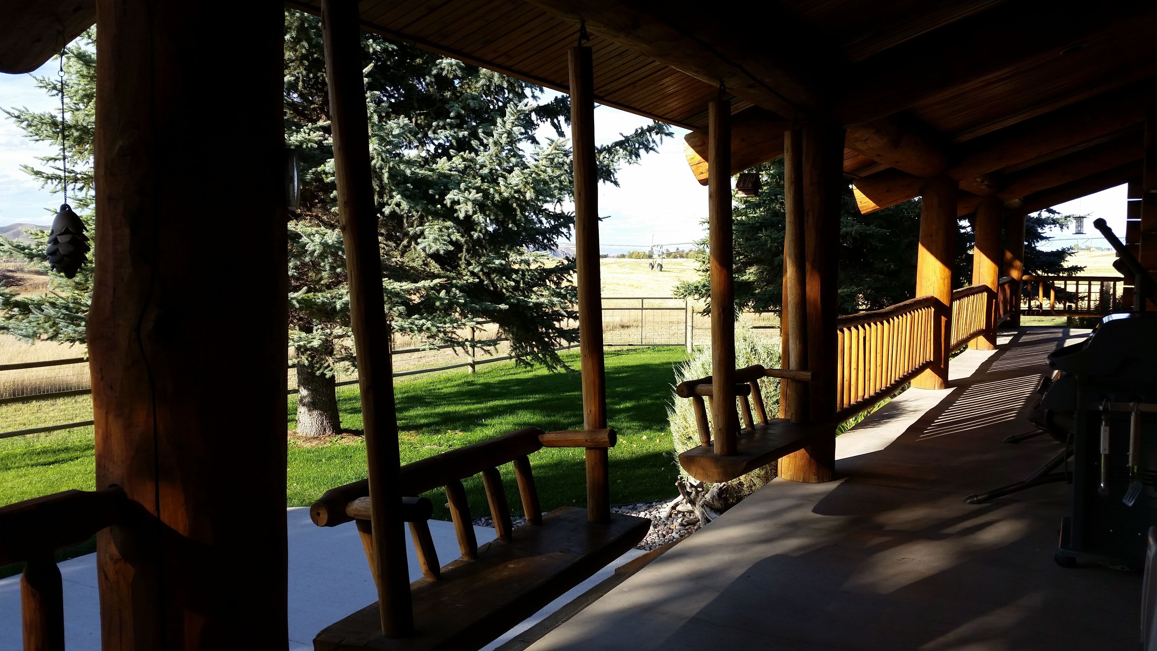 Back deck with log swing benches 