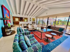 Smart TV, fireplace, books, printers