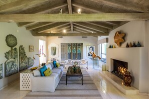 Smart TV, fireplace, books, printers