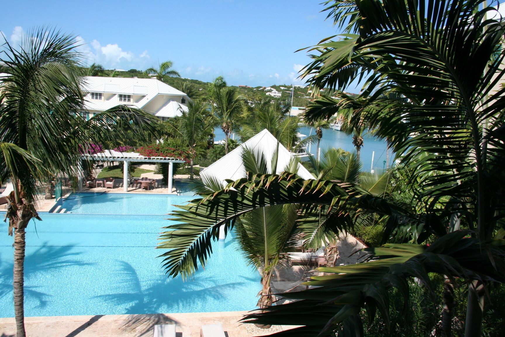 Una gran piscina rodeada de palmeras y un edificio blanco con un patio techado.