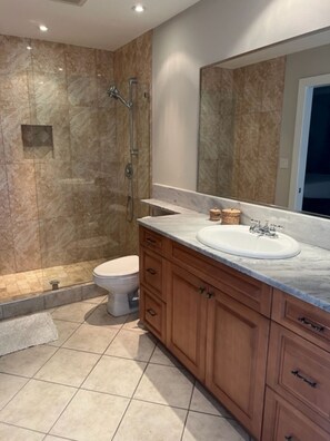 A modern bathroom with a marble shower, a toilet, a sink with a large mirror, and wooden cabinets. - The Best of Everything in Providenciales, Part II (Providenciales)