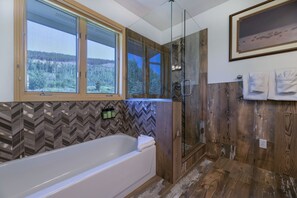 Combined shower/tub, hair dryer, towels, soap