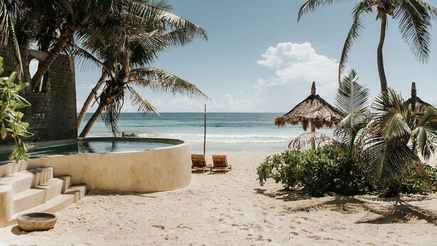 Una playa con piscina, palmeras y sillones de descanso.
