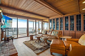 TV connectée, cheminée, lecteur de DVD, livres