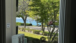 A view from inside a building, looking out to a parking area with trees and a body of water in the background.