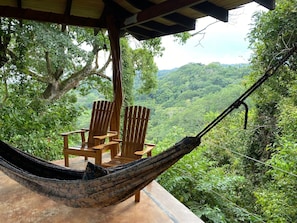 A hammock chair set up on a terrace overlooking a lush forested landscape. - Pool, stunning ocean view, quiet, stairway to beach, ECO house (Montezuma)