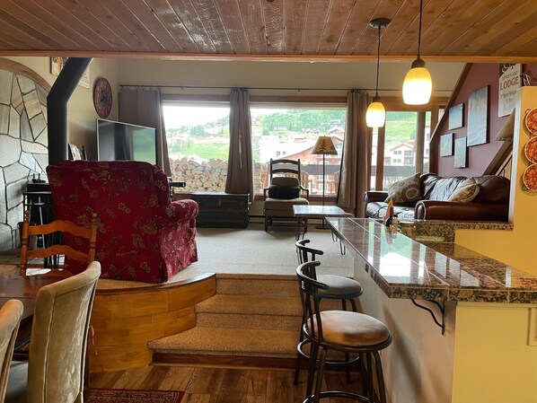 Smart TV, fireplace, DVD player, books