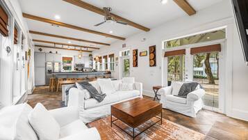 Smart TV, fireplace, foosball, books