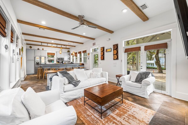 Smart TV, fireplace, foosball, books