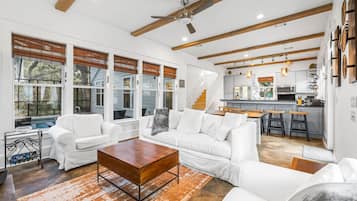 Smart TV, fireplace, foosball, books