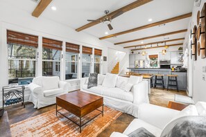 Smart TV, fireplace, foosball, books