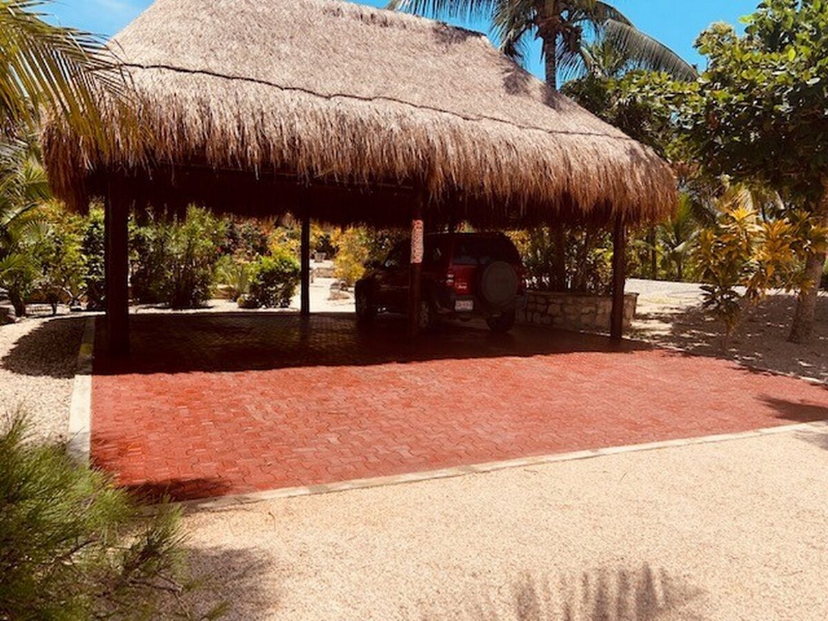 A thatched-roof structure with a red-tiled floor, surrounded by tropical vegetation.
