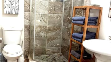 Hair dryer, towels, soap, shampoo