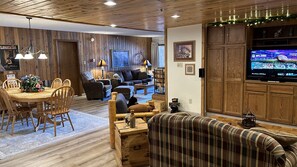 Smart TV, fireplace, DVD player, books