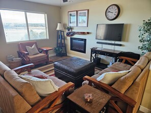 TV connectée, cheminée, livres