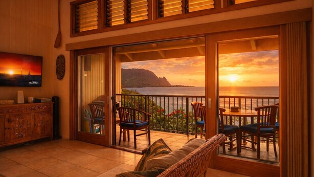 Quarto com televisão, móveis de madeira, varanda com vista para o oceano e um pôr do sol, e porta de correr em vidro.