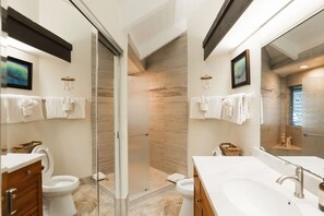 Uma casa de banho moderna com cabine de duche em vidro, um lavatório grande e um espelho.