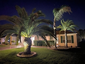 Un barrio residencial con palmeras y una casa.