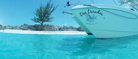 A boat named 'Dos Dorados' anchored near a white sandy beach with clear turquoise water.
