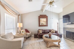 Smart TV, fireplace, DVD player