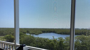 Un balcón con vistas a un lago rodeado de árboles.